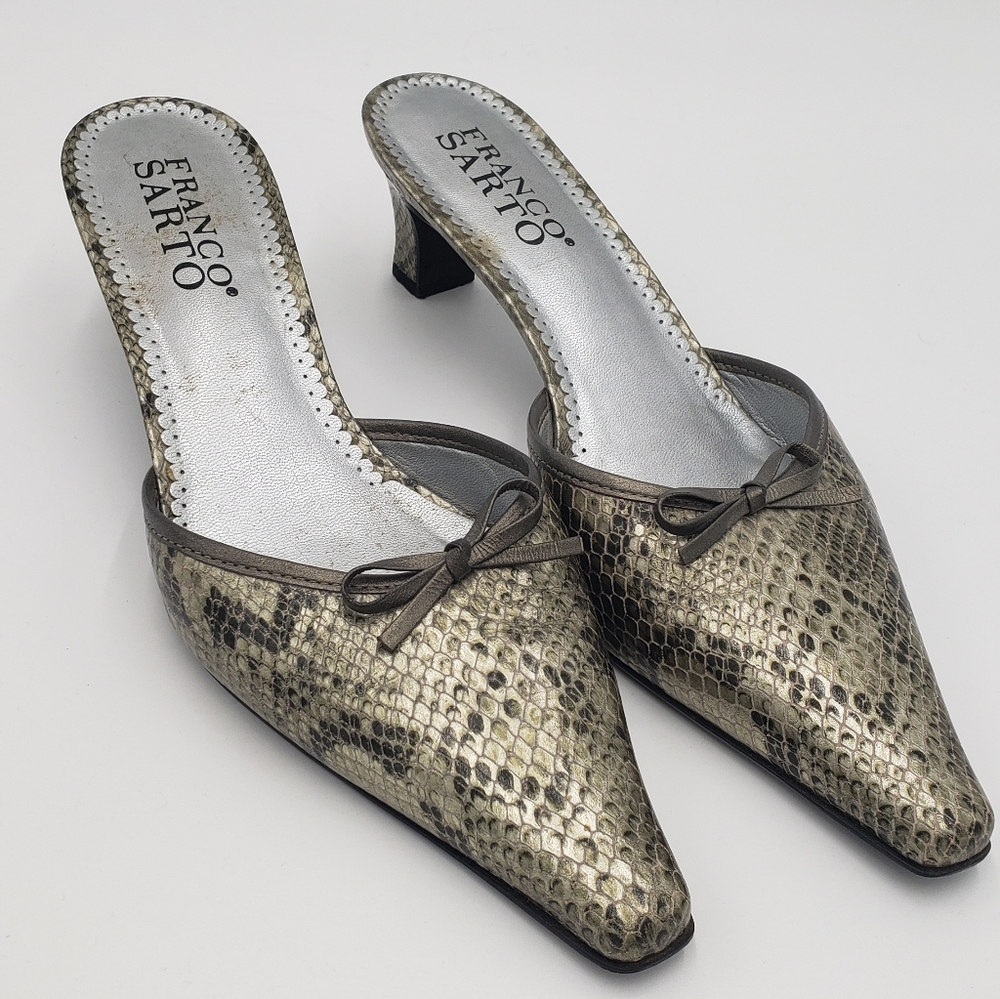 ** SOLD**  Franco Sarto Black Leather Crocodile Heel Mules Size 9